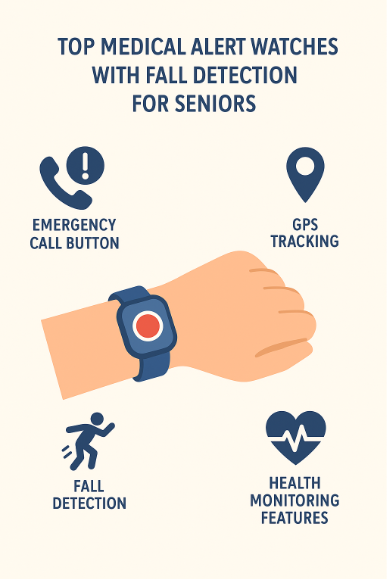 An infographic of a medical alert watch for the elderly with icons pointing to its waterproof design, medication reminders, and built-in fall detection technology