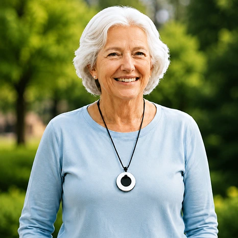 Senior wearing SafeLynk In-Home emergency pendant outdoors
