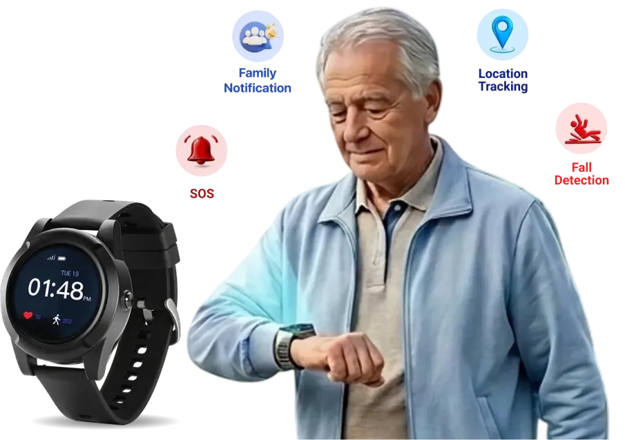 Senior wearing SafeLynk Smart Watch with fall detection and family notifications