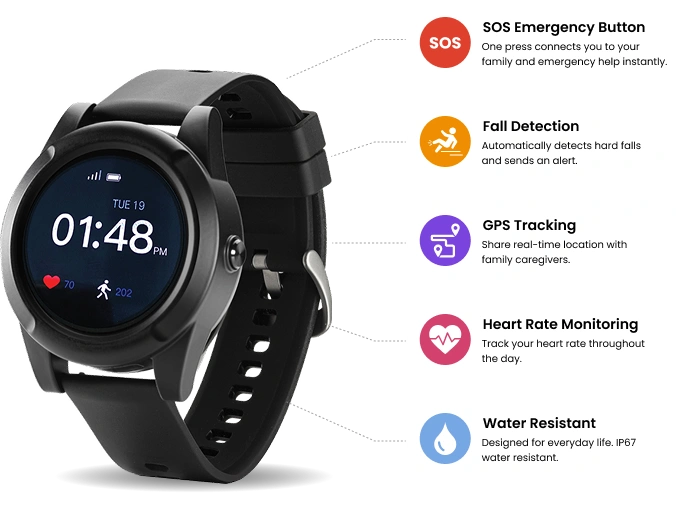 SafeLynk Smart Watch with SOS, fall detection, GPS, heart rate and water resistance features