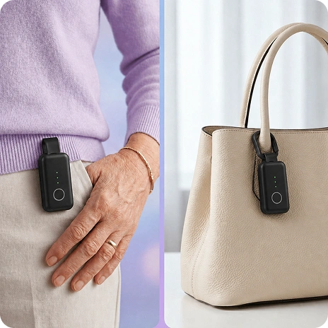 SafeLynk Smart Locket worn on belt or clipped to a handbag