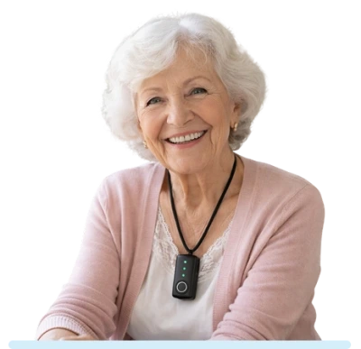 Senior wearing SafeLynk Smart Locket with 24x7 SOS alerts and location tracking